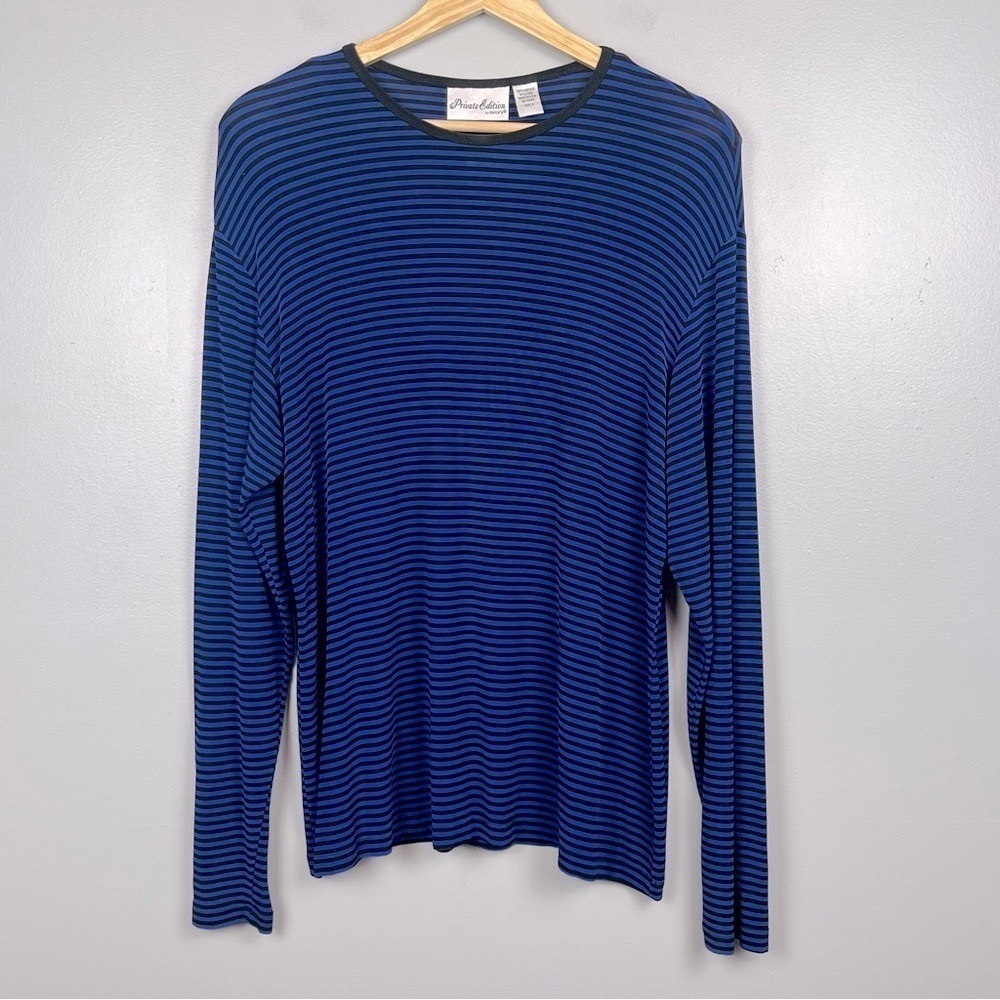 Chico’s Private Edition blue & black striped slinky knit long sleeve top, XL.